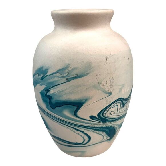 Nemadji Pottery Vase Vintage Blue Green Swirls 7" Tall Teal Turquoise Southwest - Picture 1 of 6